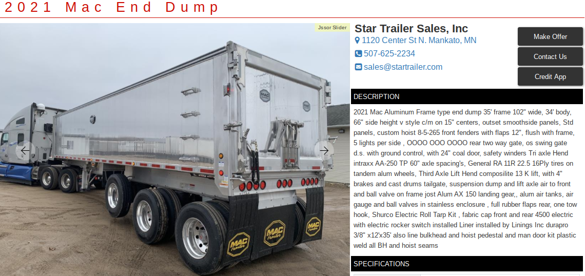 gvw of mac end dump trailer